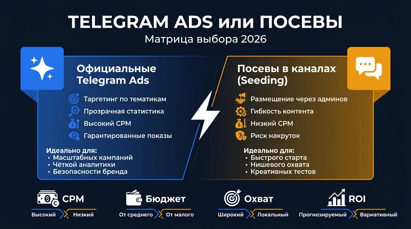 Telegram Ads или посевы в 2026: фреймворк выбора